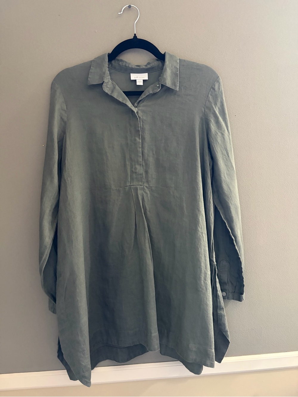 J.Jill Love Linen Gray Green 100% Linen Tunic Shirt Dress Small Long Sleeve